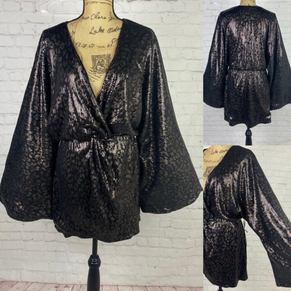 House of Harlow 1960 Sequin Plunge Twist Flared Sleeve Dress